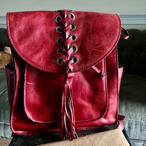 Patricia Nash Backpack Red 100% Italian Leather Tassels Braided Pockets
